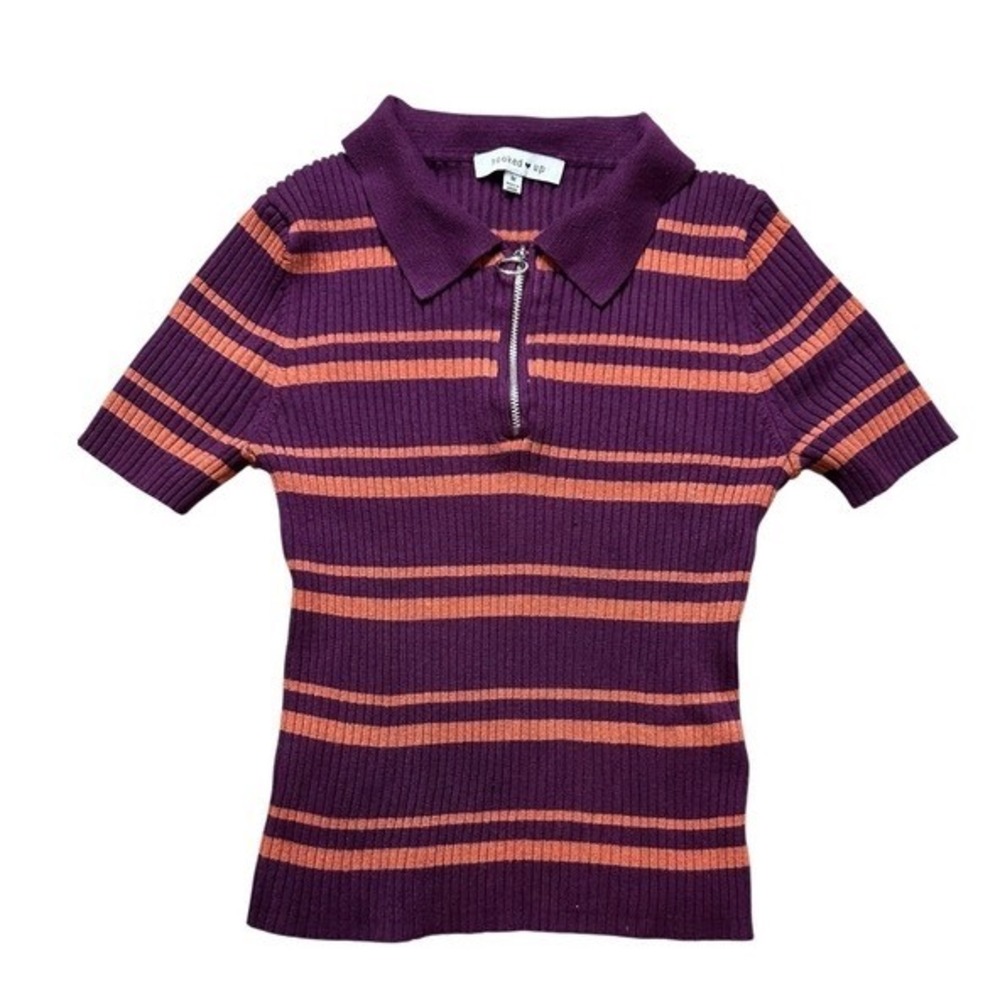 Hooked Up Ribbed Knit Polo‎ Women Size M Purple Orange Striped Quarter Zip